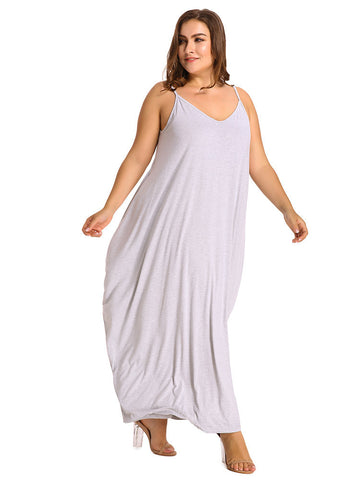 Plus Size V-Neck Strap Backless Solid Color Beach Maxi Dress 