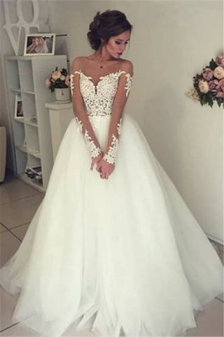 Sheer Long Sleeve Lace Open Back Tulle Ball Gown Wedding Dress