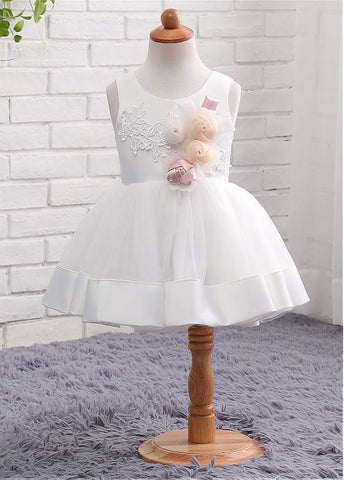 Beautiful Satin & Tulle Scoop Neckline Ball Gown Flower Girl Dresses With Lace Appliques & Handmade Flowers