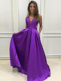  V-neck Purple Ruffles Satin Prom Dresses