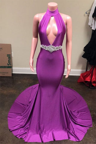 Sexy Backless Long Sweep Train Elastic Purple Prom Dress