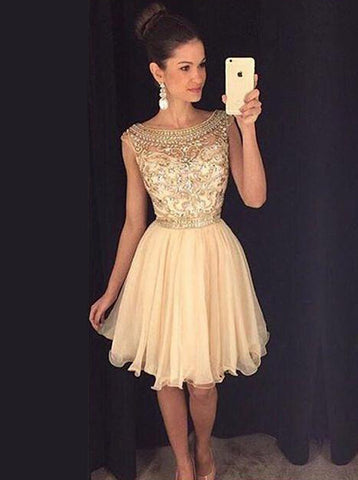Cap Sleeves Tulle Beaded Short Champagne Homecoming Dress