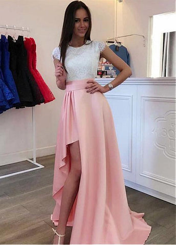 Lace Jewel High Low Pink A-line Prom Dresses With Slit