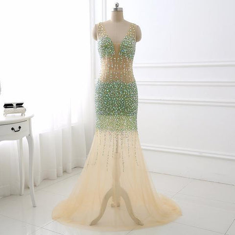 Champagne Beading Sparkle V Neck Mermaid Prom Dress