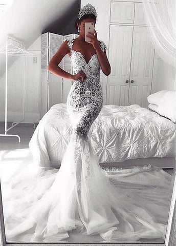 Lace Appliques See-through Tulle Sweetheart Mermaid Wedding Dress