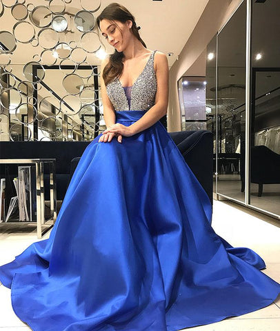 Blue V Neck Sequin Long Prom Dress