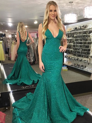 Sequin Mermaid V Neck Backless Green Prom Dress