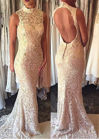Out-standing Lace High Collar Neckline Cut-out Mermaid Prom Dresses With Beadings