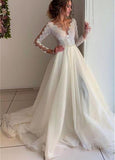 Bateau Long Sleeves A-line Tulle Lace Appliques & Belt  Wedding Dress