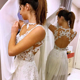 Illusion Jewel Open Back Chiffon Wedding Dress with Appliques