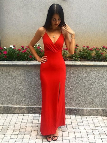 V Neck Mermaid Floor Length Red Prom Dress with Split