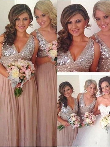 V-neck Sleeveless With Sequin Bridesmaid Dresses