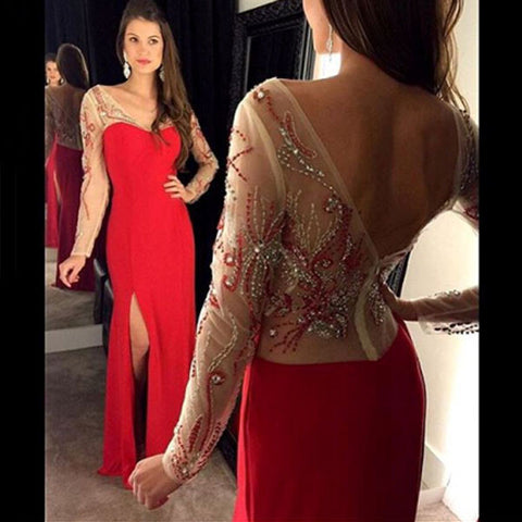 Red V Neck Long Sleeve Prom Dress