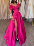 Fuchsia Satin Off The Shoulder Prom Dress With Slit