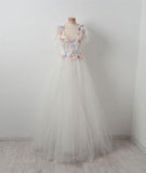 Tulle Lace Applique White Long Prom Dress