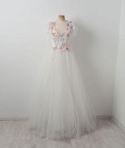 Tulle Lace Applique White Long Prom Dress