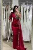Wine Red Long Sleeve V Neck Beading Ruched Prom Dress