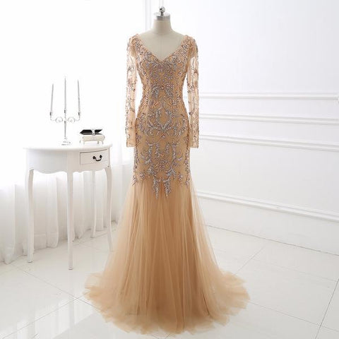 Mermaid Tulle Backless Long Sleeves Gold Evening Dress Sassymyprom Mermaid Tulle Backless Long Sleeves Gold Evening Dress Sassymyprom