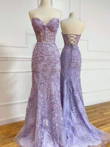 Lavender Tulle Mermaid Appliques See Through Prom Dress