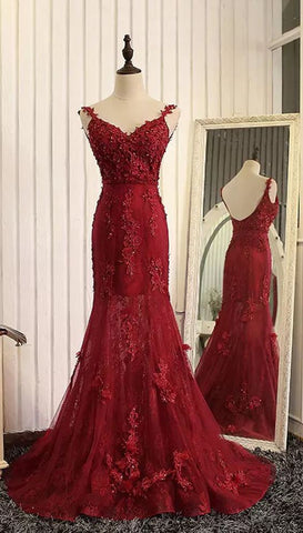 Mermaid Burgundy Lace Appliqued Prom Dresses