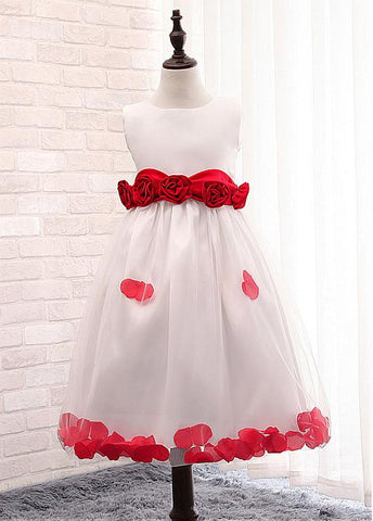 Fashionable Satin Jewel Neckline A-Line Flower Girl Dresses With Handmade Flowers