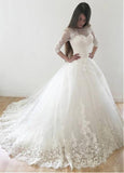 Tulle Bateau Long Sleeves Lace Appliques Ball Gown Wedding Dress