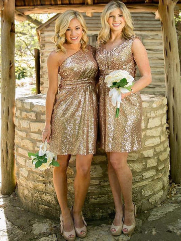 Gold Sequins Short Mini Bridesmaid Dress