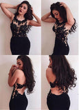 Black Backless Tulle & Chiffon Scoop Neckline Sheath Evening Dresses With Lace Appliques