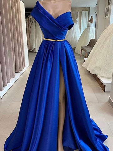 Satin Pleats One Shoulder Long Royal Blue Prom Dress
