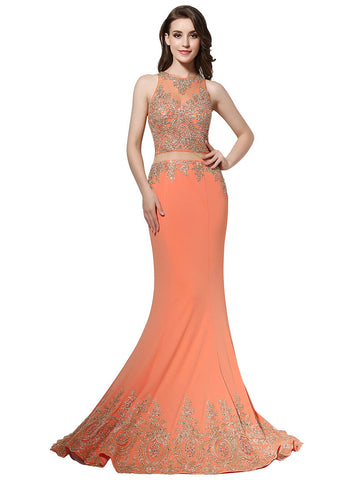 Fabulous Crystal Shuang Ma Jewel Neckline See-through Waist Mermaid Evening Dresses With Lace Appliques