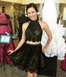 Black Halter Lace Two Piece Prom Dresses