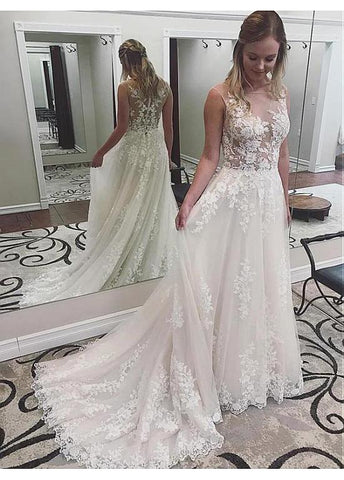 Tulle Bateau Beading See-through A-line Wedding Dress