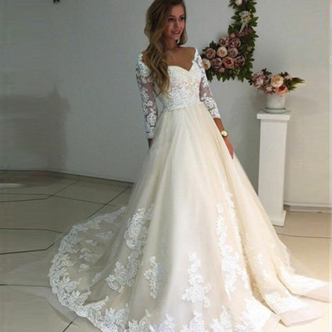 Off-the-Shoulder Long Sleeves Ivory Tulle Wedding Dress with Appliques
