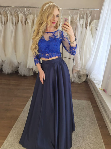 Two Piece Round Neck 3/4 Sleeves Dark Blue Prom Dress with Appliques