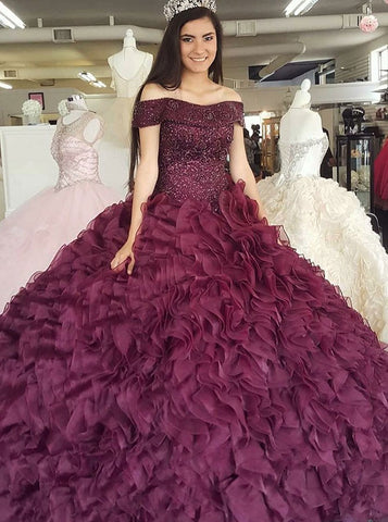 Burgundy Organza Ball Gown Off-the-Shoulder Quinceanera Dress with Beading