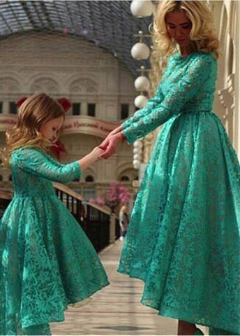 Lace Jewel Neckline Natural Waistline Hi-lo A-line Mother and Daughter Dresses