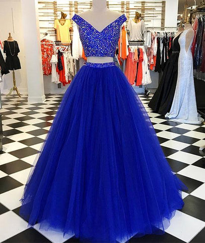 Blue V Neck Tulle Beads Two Pieces Long Prom Dress