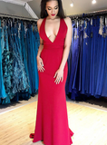 Satin Deep V-neck Backless Red Mermaid Lace Up Back Prom Dress