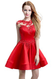 Stunning Satin & Tulle Jewel Neckline Cap Sleeves Short A-line Homecoming Dresses With Lace Appliques