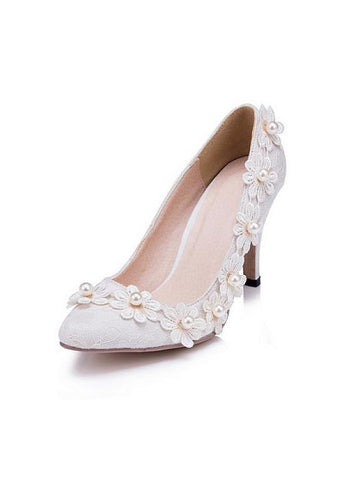 Sweet Lace Upper Closed Toe Stiletto Heels Wedding/ Bridal Party Shoes With Pearls & Lace Flowers