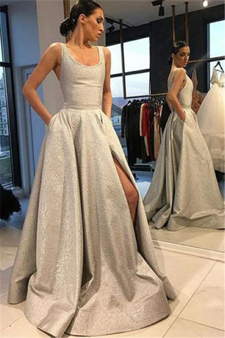 A Line Long Sequin Silver Straps Prom Dress With Slit
