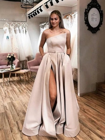 Satin Long Sexy Champagne Prom Dress with High Slit
