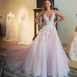 V-neck A-line Sweep Train Open Back Wedding Dress with Appliques
