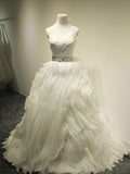 Ivory Scalloped-Edge Cascading Ruffles Pleats Beading Wedding Dress