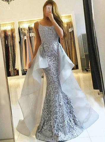 Lace Spaghetti Straps Silver Mermaid Sexy Gray Long Prom Dress