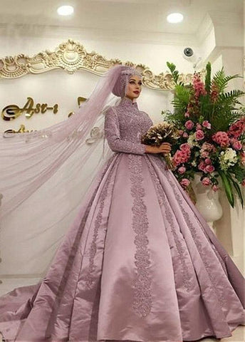 Long Sleeves Satin High Collar Ball Gown Arabic Islamic Wedding Dress