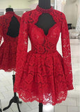 Lace High Collar Short A-line Homecoming Dresses With Beadings