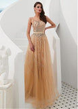 Tulle Jewel Champagne A-line Prom Dresses With Beading