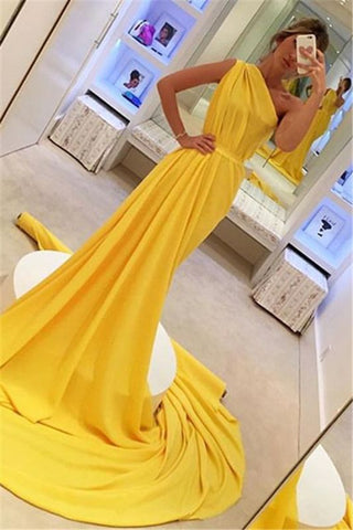 Sleeveless Chiffon Yellow One Shoulder Long Prom Dress