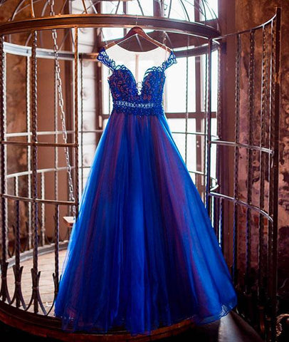 Elegant Blue Round Neck Tulle Long Formal Prom Dress
